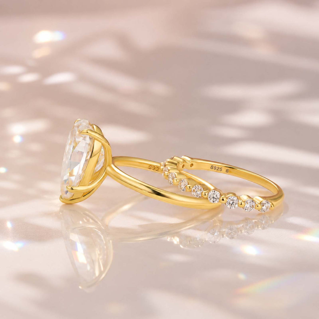 S925 Moissanite 4.0Ct Pear Cut Engagement Ring With Pave 0.36Ct Band 2PC Stackable Bridal Ring Set