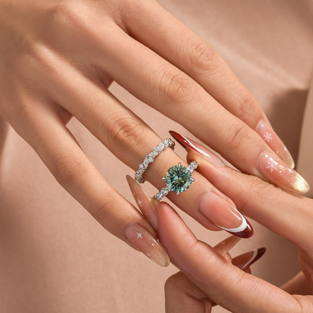 Moissanite 4.0Ct Round Cut White Gold  White/ Green Wedding Ring with Round & Marquise Cut Wedding Ring