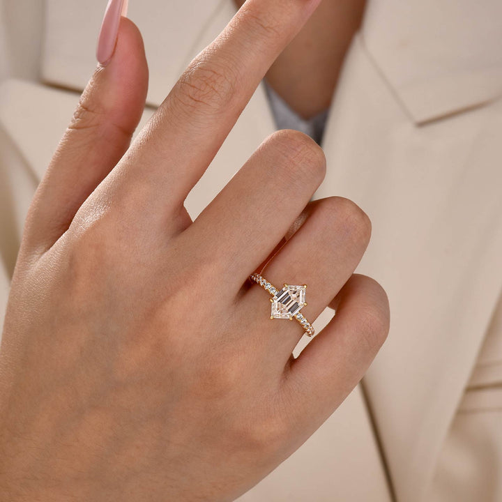 Moissanite 2.0Ct White Elongated Hexagon Cut Travel Engagement Ring