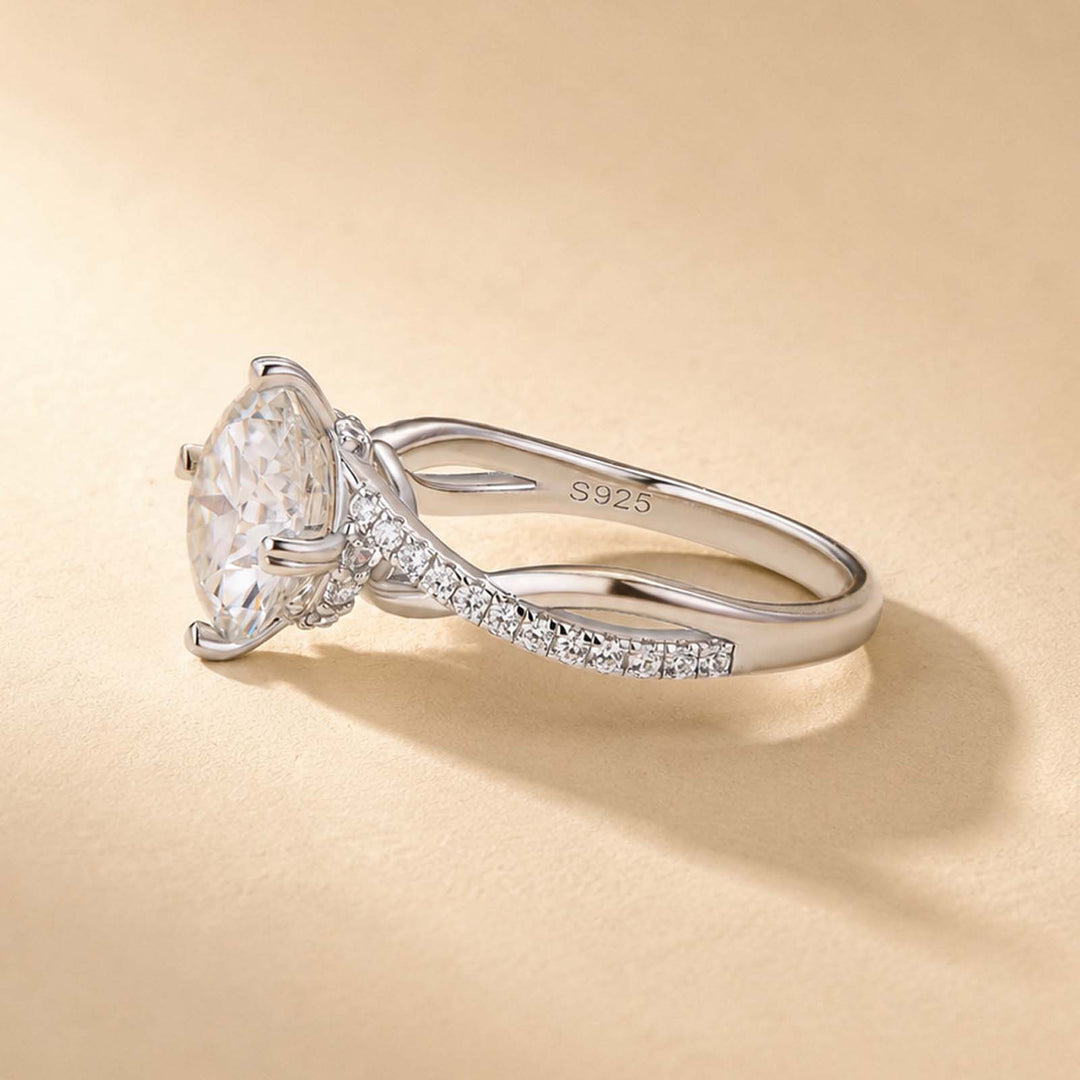 S925 3.0Ct Round Cut Unique Heart Prong Twisted Half Pave Silver Engagement Ring Date Night Ring