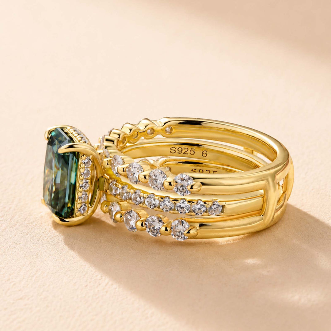 S925 Moissanite 2.0Ct Radiant Cut Green Hidden Halo Ring & 0.77Ct Band Vintage Enhancer Ring Sets For Everyday Wear