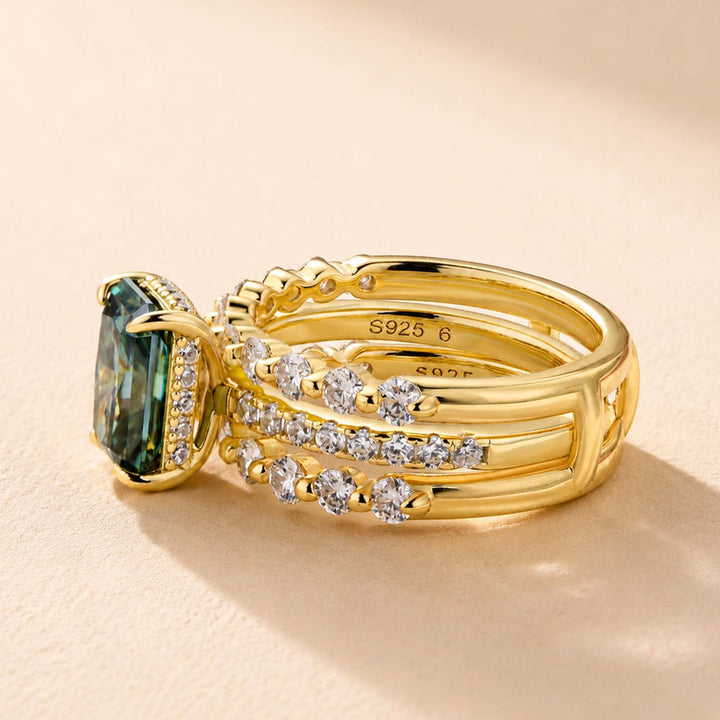 S925 Moissanite 2.0Ct~3.0Ct Radiant Cut/Round Cut Green Hidden Halo Vintage Enhancer Ring Sets