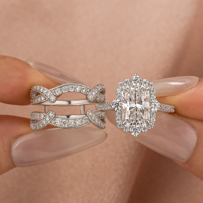 Moissanite 3.0Ct White Gold Halo Radiant Cut Stack Wedding Ring with Enhancer Wedding Band