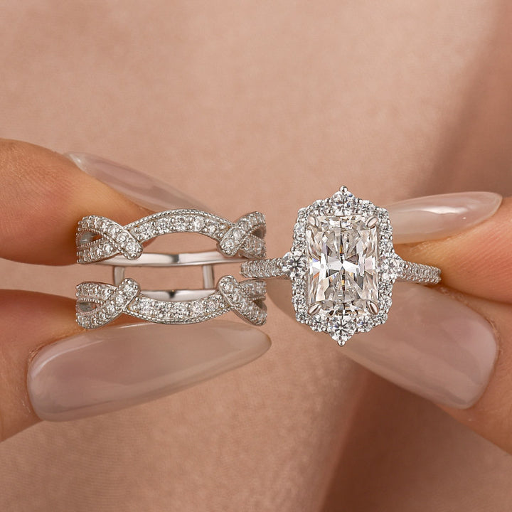 Moissanite 3.0C Radiant Cut Vintage Halo Stack Wedding Ring with Enhancer Wedding Band In Sterling Silver