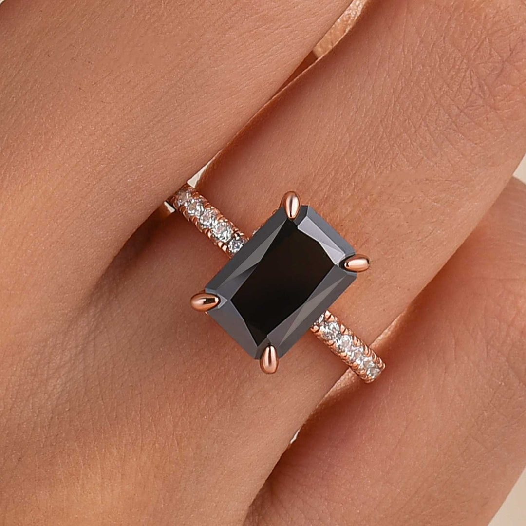Moissanite Radiant Cut 3.5Ct Hidden Halo Black Stone Ring In Sterling Silver