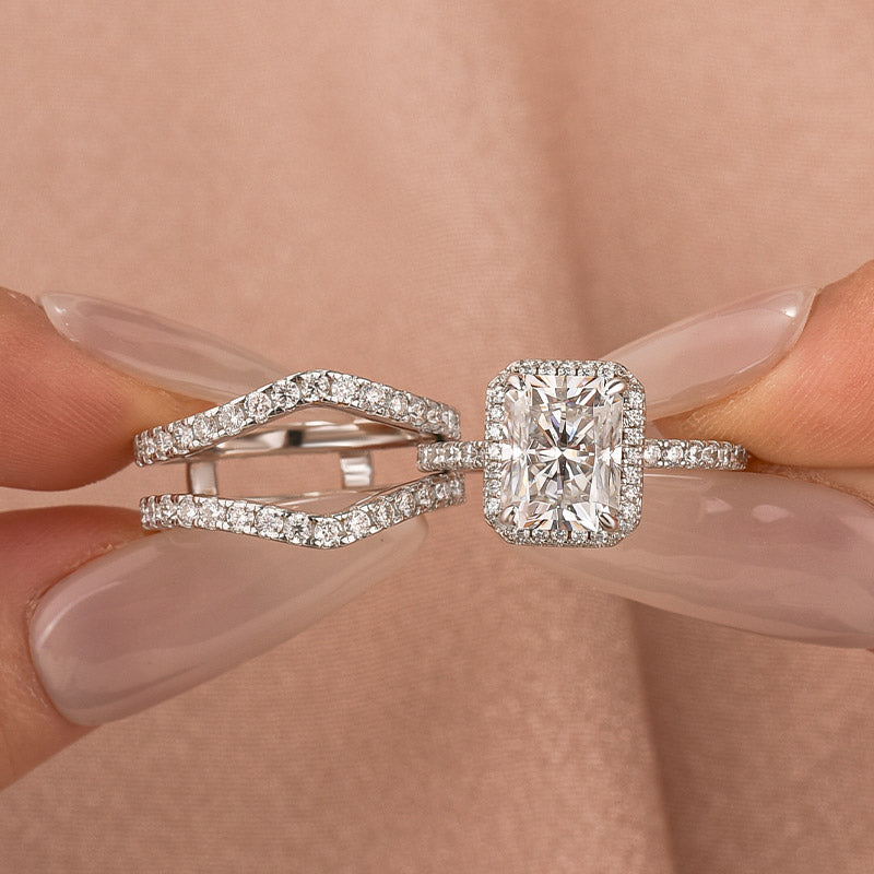 Moissanite 3.0Ct Halo Radiant Cut White Gold Wedding Ring with Enhancer Ring