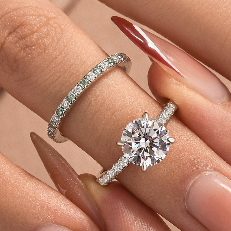 Moissanite 2.0Ct Round Cut/Marquise Cut/ Cushion Cut Engagement Ring With Green & White Round Cut Wedding Band