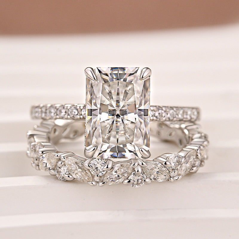Moissanite 3.5Ct Radiant Cut White Gold Wedding Ring with Round & Marquise Cut Wedding Ring