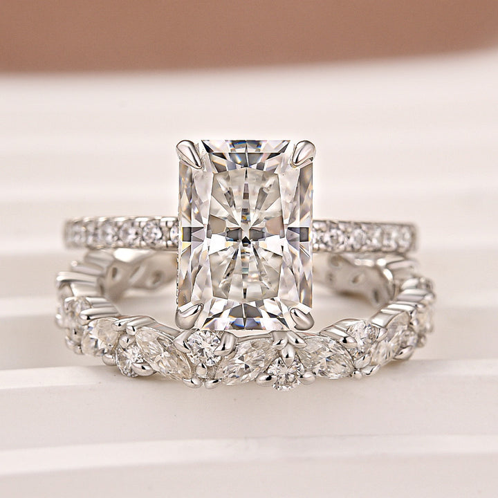 Moissanite 3.5Ct Radiant Cut White Gold Wedding Ring with Round &amp; Marquise Cut Wedding Ring