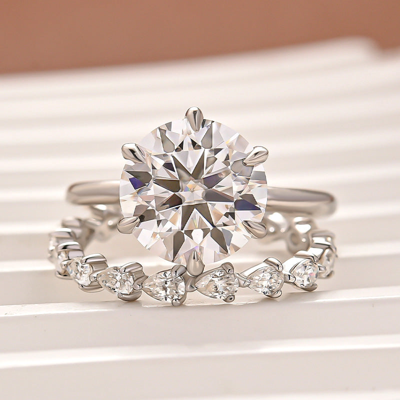 2PC Moissanite 4.0Ct Round Cut /Pear Cut Engagement Ring With Pear Cut Wedding Band Wedding Ring Set