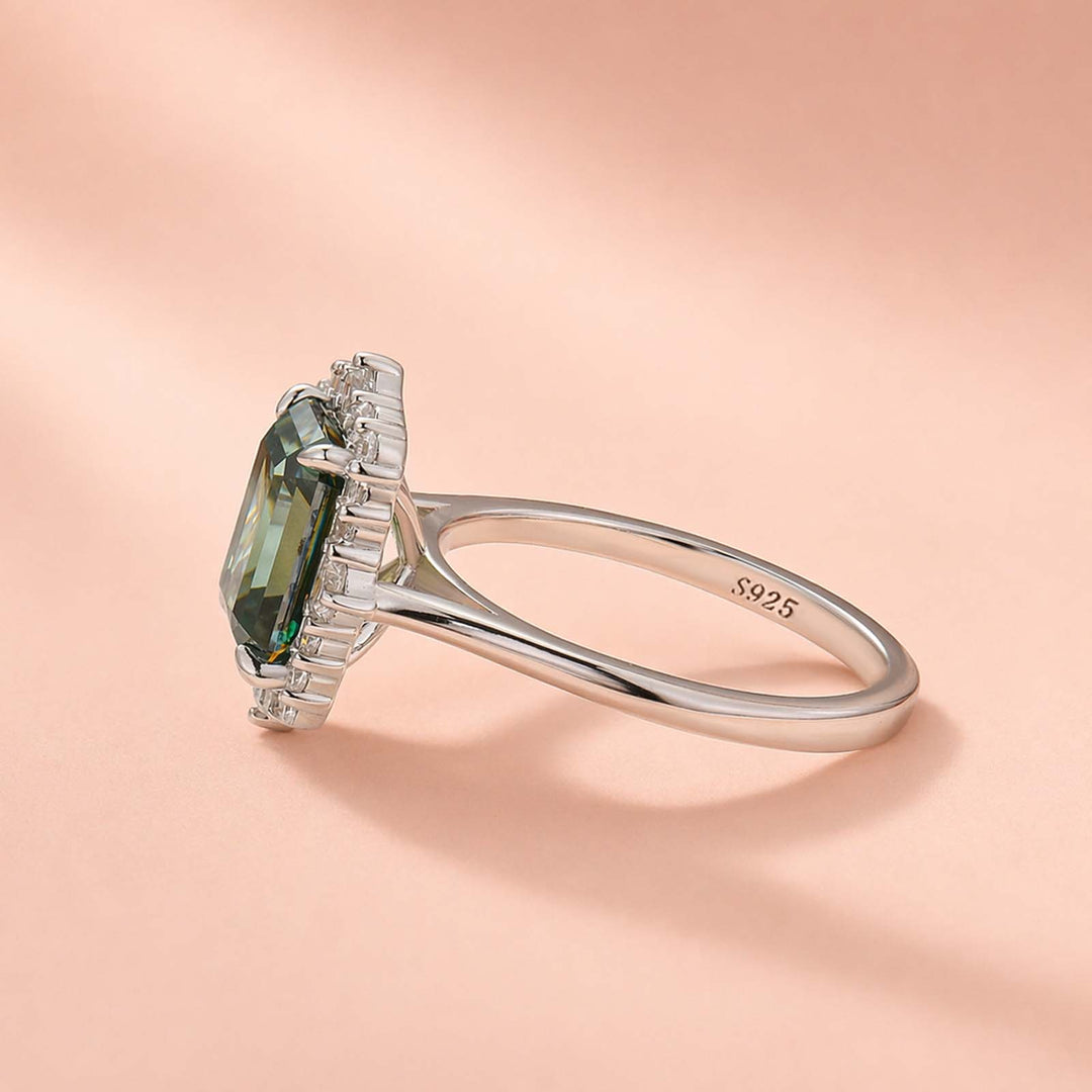 Moissanite 3.0Ct Halo Emerald Stone Emerald Cut Engagement Ring in Sterling Silver