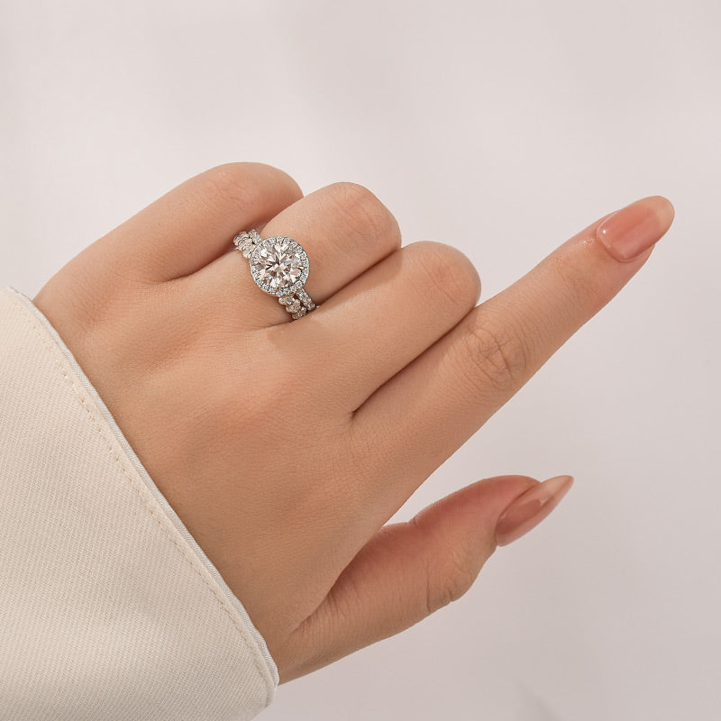 Rodiffy Moissanite 2.0 Ct Halo Round Cut White Gold Wedding Ring with Oval Cut Wedding Band