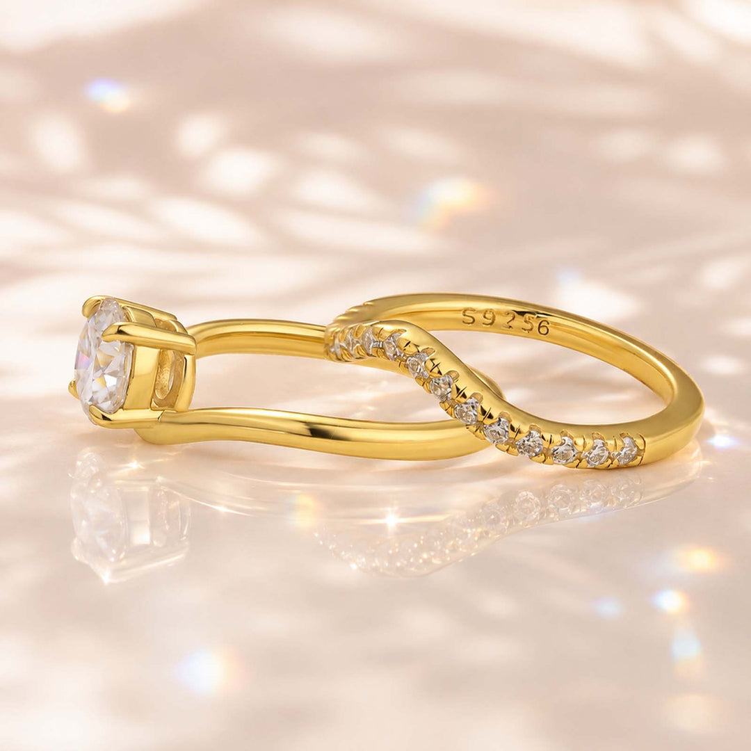 S925 Moissanite 1.0Ct Round Cut Promise Ring & V-Shaped 0.25Ct Band Stackable Bridal Ring Set