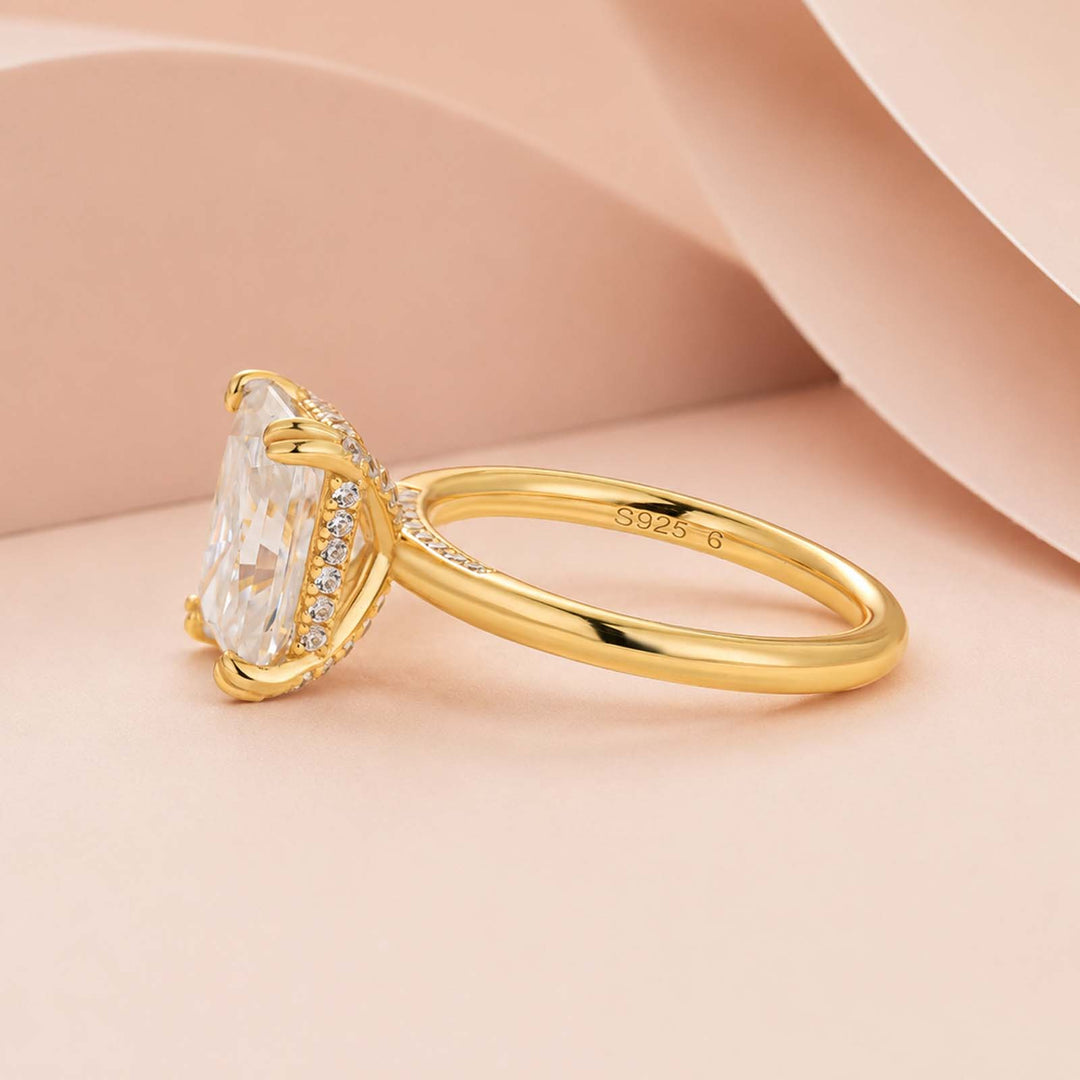 S925 Moissanite 3.5Ct Radiant Cut Hidden Halo Engagement Ring 18K Yellow Gold Plated Promise Wedding Ring For Women