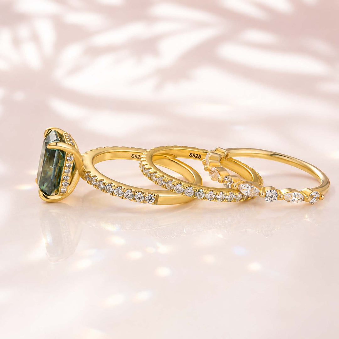 S925 Moissanite 3.5CT Radiant Cut Green Engagement Ring with Round & Marquise Accents Bands