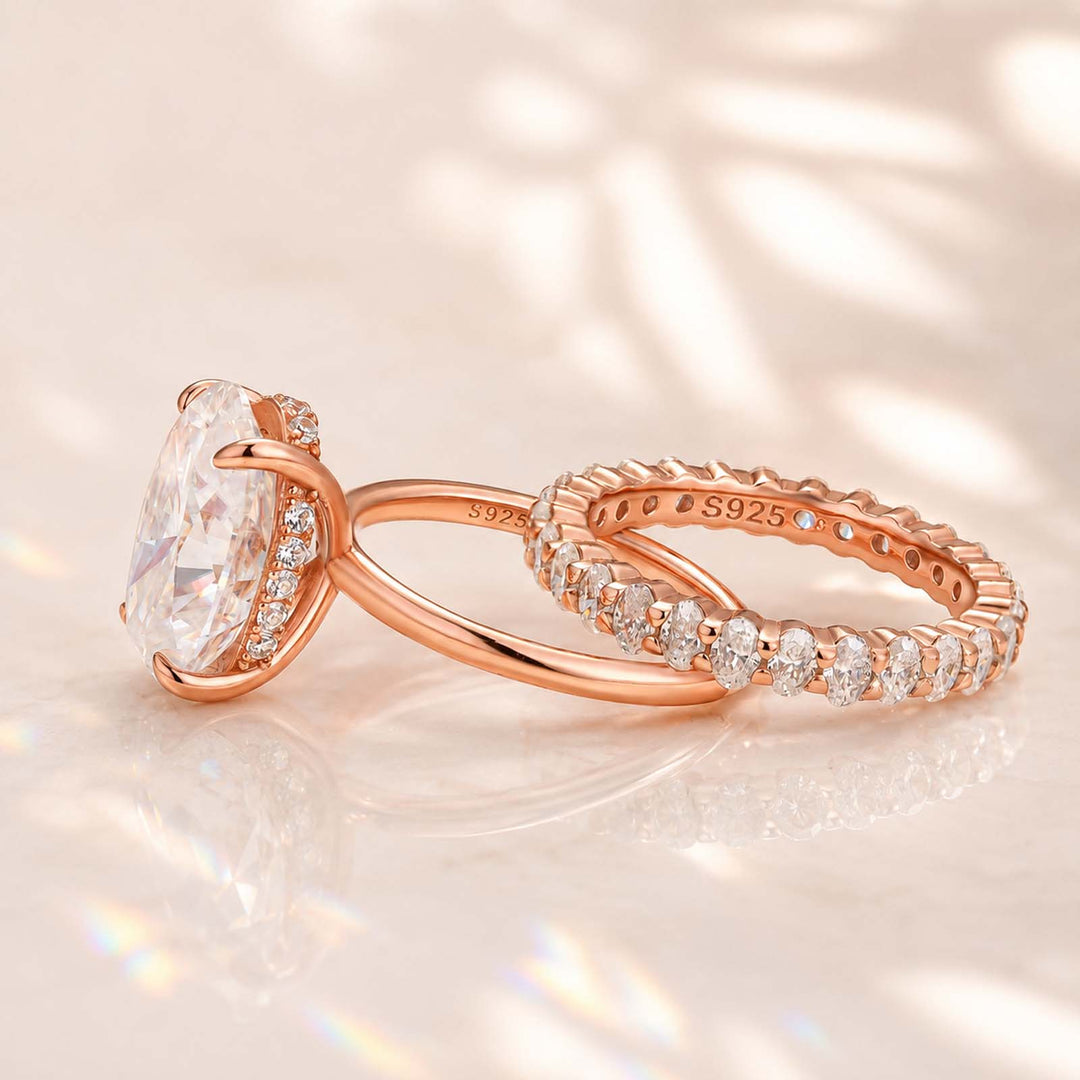 S925 Moissanite 5.5Ct Solitaire Oval Cut Rose Gold Engagement Ring with Eternity Oval Cut Ring