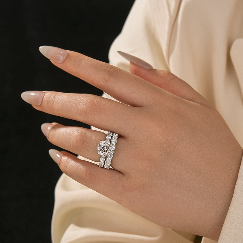 Moissanite 4.0Ct/3.0 CtRound Cut White Gold Stack Wedding Ring with Round Cut Full Wedding Band