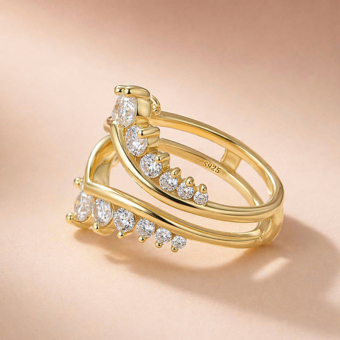 Rodiffy S925 Moissanite V-Shaped Crown Enhancer Band In 18K Yellow Gold Plated Silver