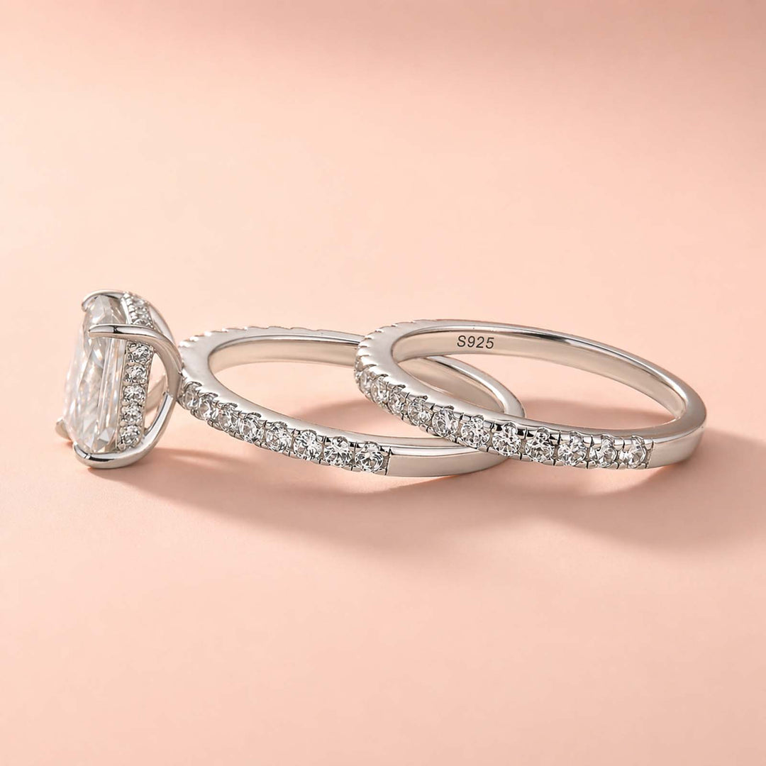 Rodiffy Moissanite S925 2.0Ct Radiant Cut Engagement Ring Set in Sterling Silver with Pave Wedding Band