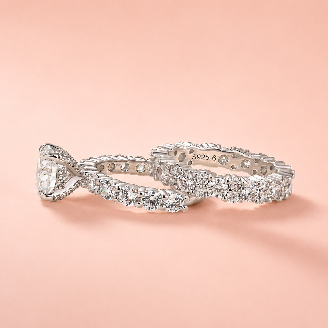 Rodiffy Moissanite S925 2.0Ct Round Cut 2PC Brival Ring Set Solitaire Promise Ring & Pavé Eternity Band