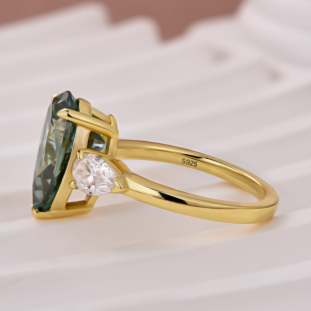 4.0Ct Green Pear Cut Moissanite Three-Stone Nature-Inspired Ring