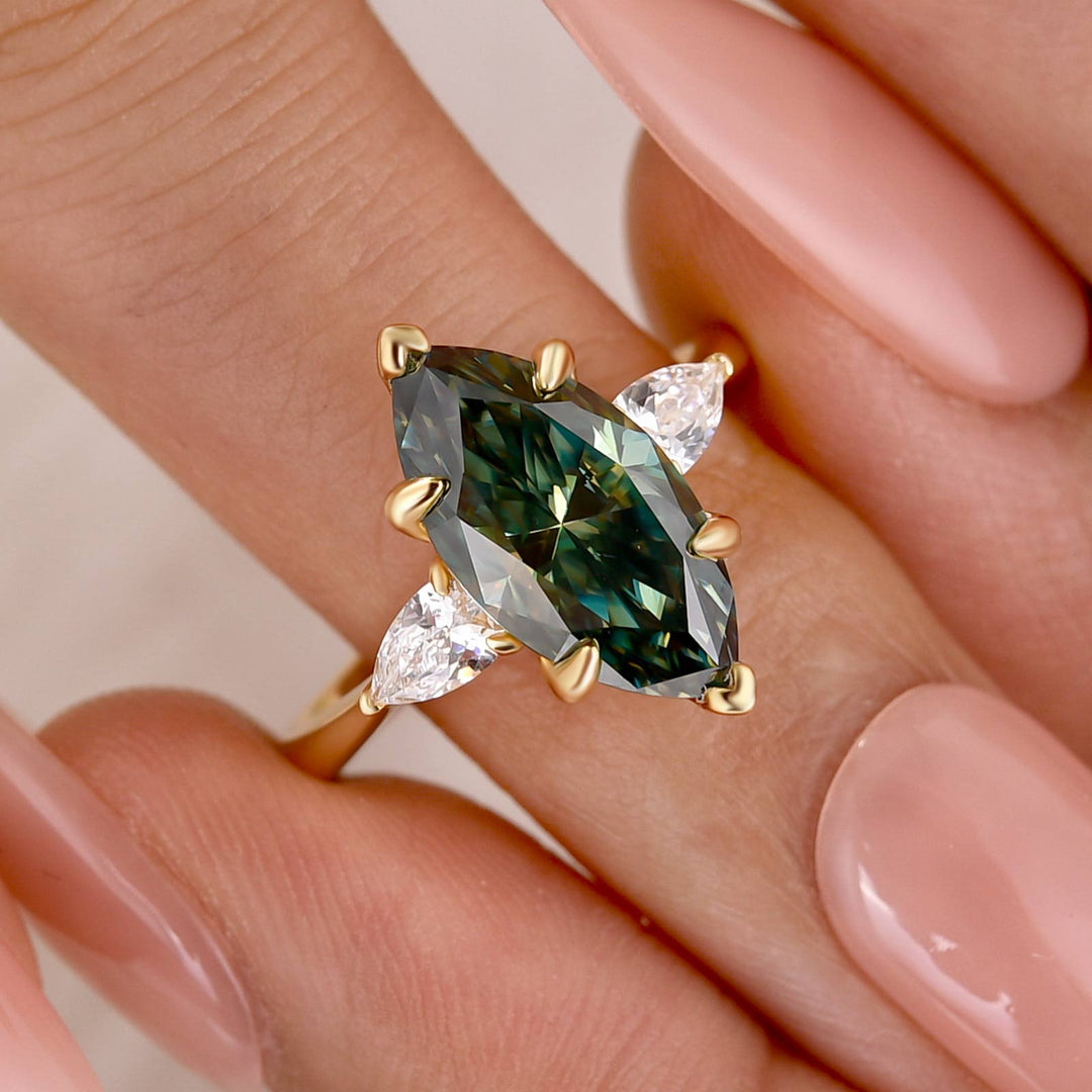Three-Stone 3.0Ct Green Marquise Moissanite 18K Yellow Gold Plated Engagement Ring