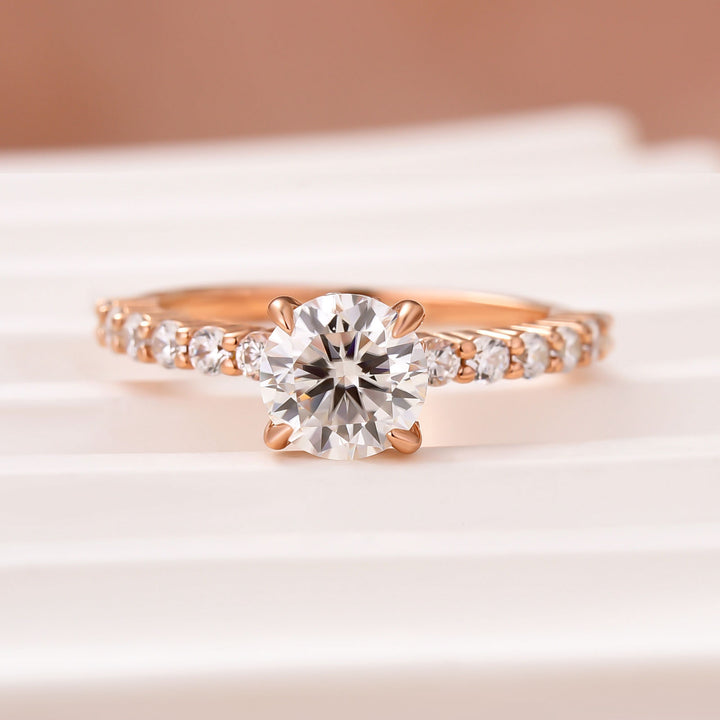 Moissanite 1.0Ct Round Cut Hidden Halo Stackable Side Stone Ring For Women