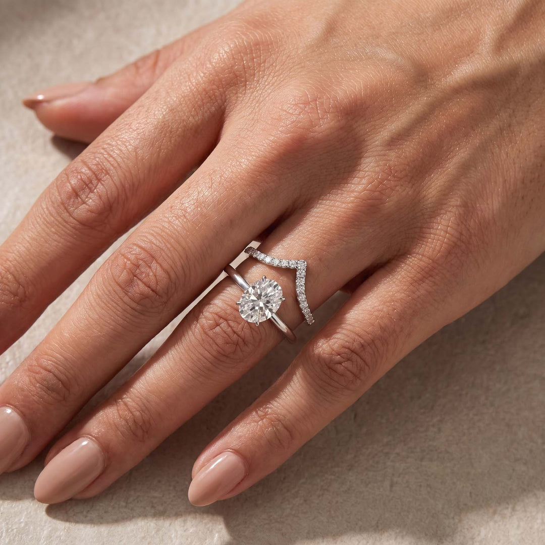 S925 Moissanite 2.0Ct Oval Cut Bridal Ring Set with 0.5Ct V-Shaped Wedding Band