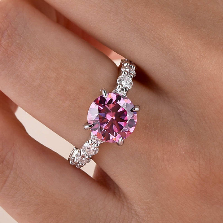 Moissanite 2.0~4.0Ct Pink Round Cut Hidden Halo Everyday Wearable Ring With Sparkling Side Stones