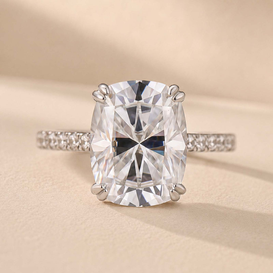 S925 Hidden Halo Moissanite 5.5 Cushion Cut Bold Self Radiance Half Pave Ring