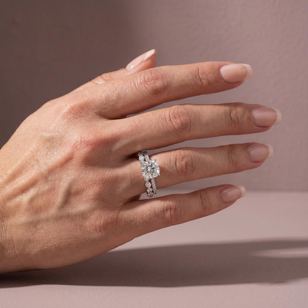 Rodiffy Moissanite 2.5Ct Cushion Cut Engagement Ring in Sterling Silver with Eternity Wedding Band