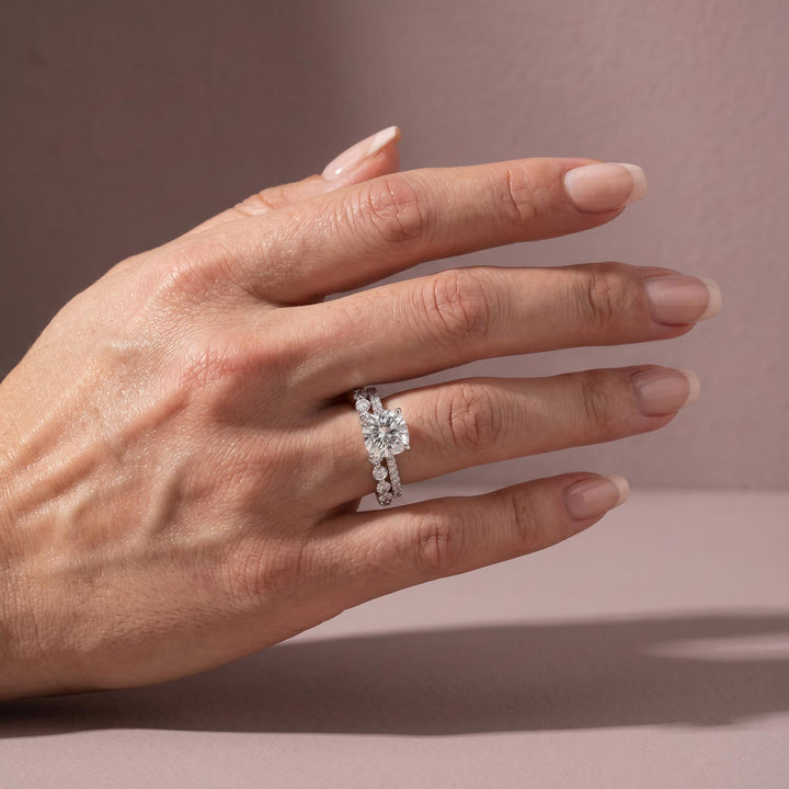 Rodiffy Moissanite 2.5Ct Cushion Cut Engagement Ring in Sterling Silver with Eternity Wedding Band