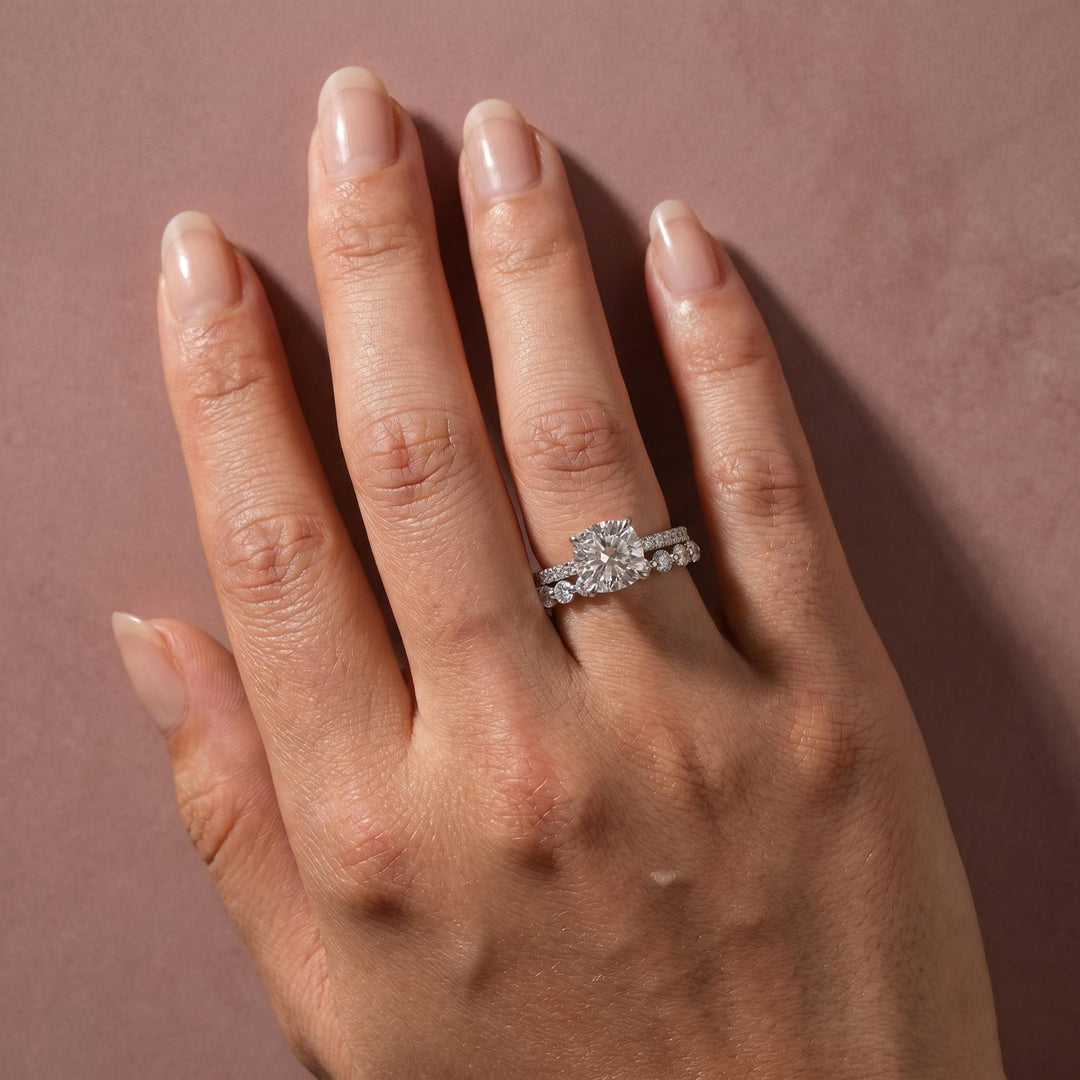 Rodiffy Moissanite 2.5Ct Cushion Cut Engagement Ring in Sterling Silver with Eternity Wedding Band