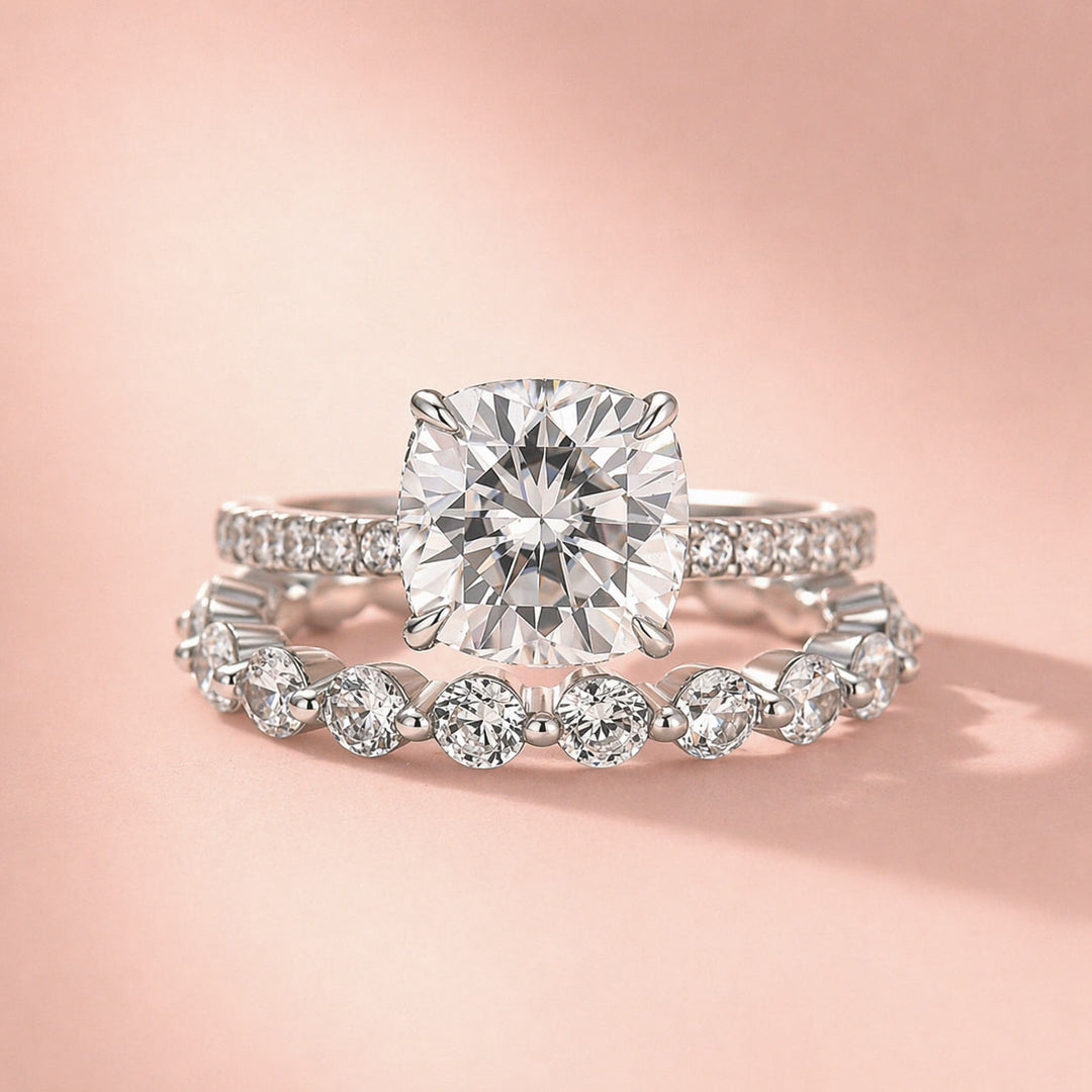 Rodiffy Moissanite 2.5Ct Cushion Cut Engagement Ring in Sterling Silver with Eternity Wedding Band