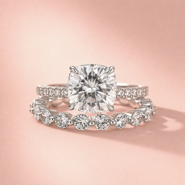 Rodiffy Moissanite 2.5Ct Cushion Cut Engagement Ring in Sterling Silver with Eternity Wedding Band
