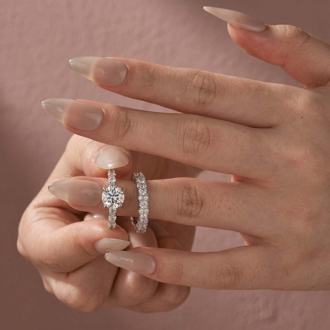 Rodiffy Moissanite S925 2.0Ct Round Cut 2PC Brival Ring Set Solitaire Promise Ring & Pavé Eternity Band