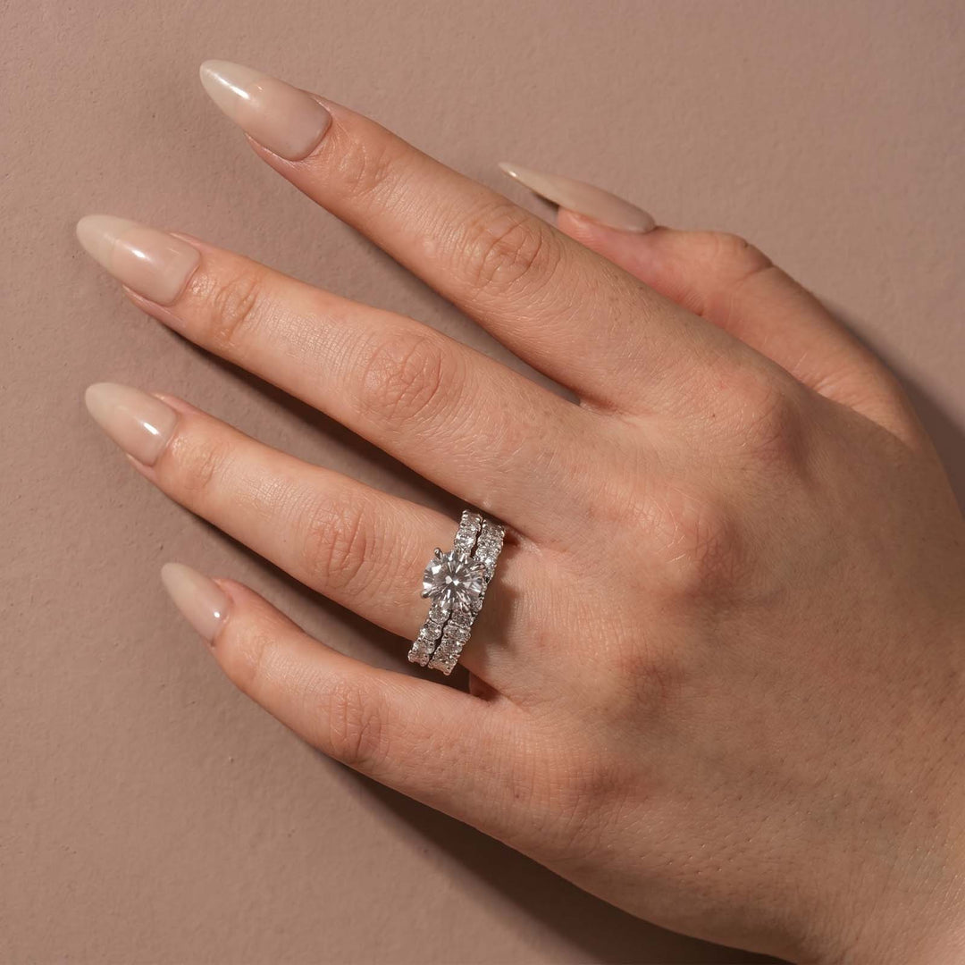 Rodiffy Moissanite S925 2.0Ct Round Cut 2PC Brival Ring Set Solitaire Promise Ring & Pavé Eternity Band