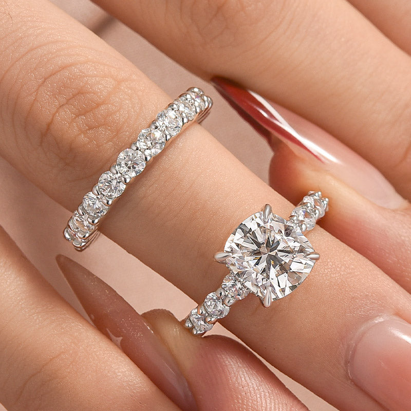 Moissanite 3.0Ct Oval Cut/Cushion Cut Side Stone White Gold Engagement Ring with Pavé Eternity Ring