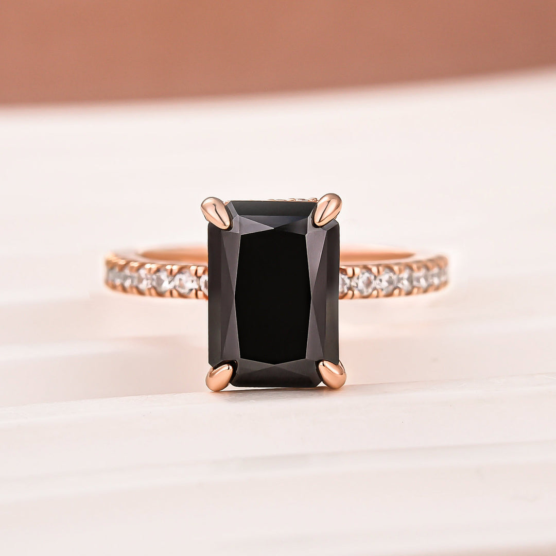 Moissanite Radiant Cut 3.5Ct Hidden Halo Black Stone Ring In Sterling Silver
