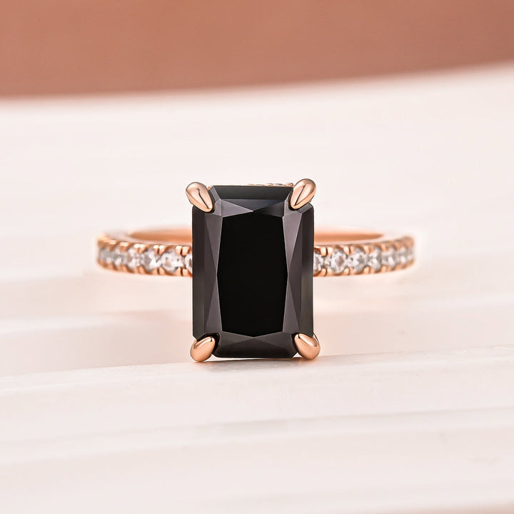 Moissanite Radiant Cut 3.5Ct Hidden Halo Black Stone Ring In Sterling Silver