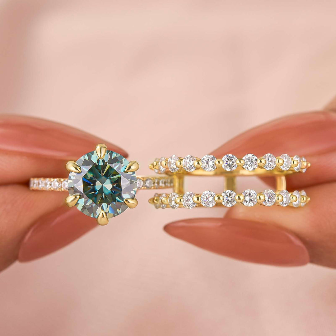 S925 Moissanite 2.0Ct~3.0Ct Radiant Cut/Round Cut Green Hidden Halo Vintage Enhancer Ring Sets