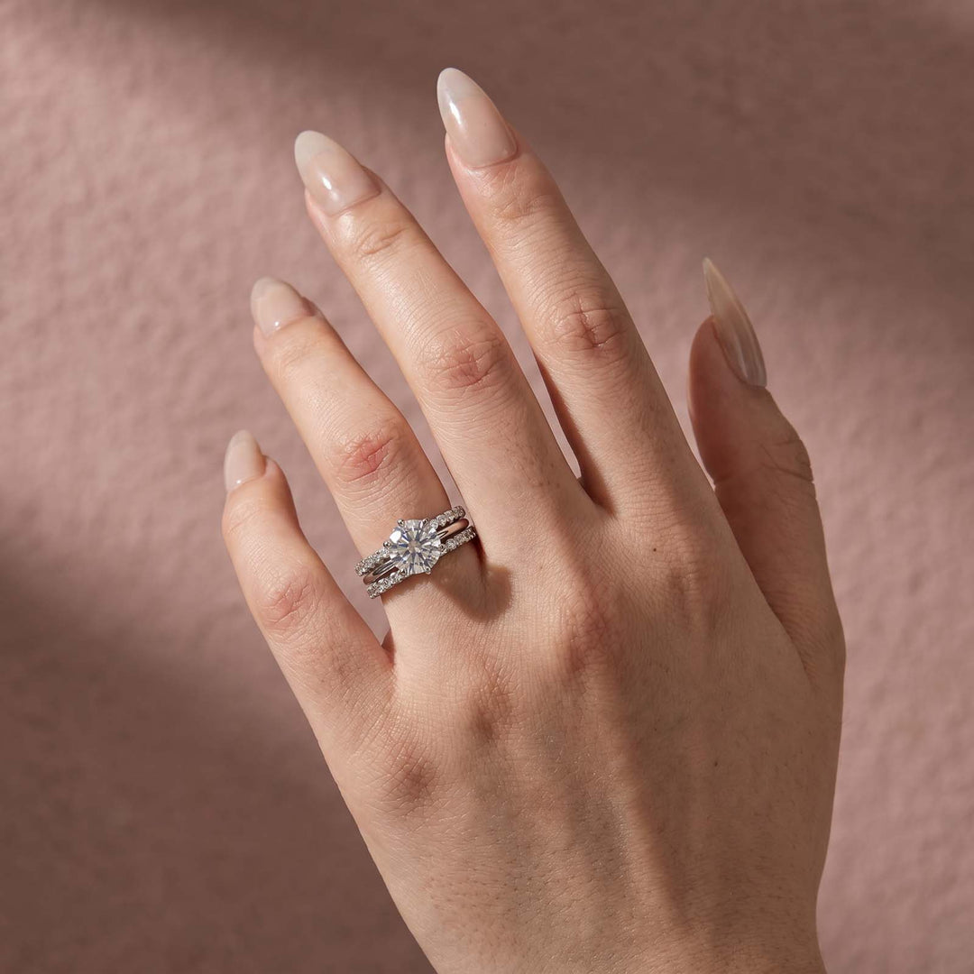 S925 Moissanite 2CT Round Solitaire 3-Piece Bridal Ring Set Engagement Ring With Wedding Bands