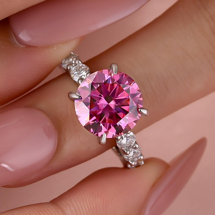 Moissanite 2.0~4.0Ct Pink Round Cut Hidden Halo Everyday Wearable Ring With Sparkling Side Stones