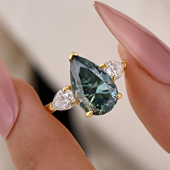 4.0Ct Green Pear Cut Moissanite Three-Stone Nature-Inspired Ring