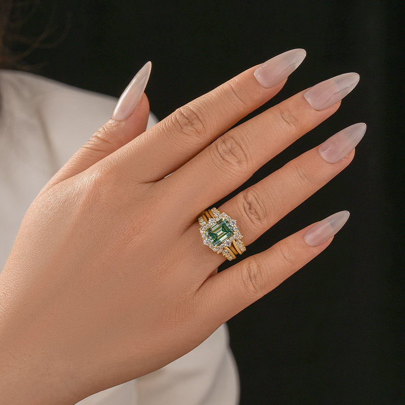 Moissanite 3.0Ct Yellow Gold Halo Emerald Stone Emerald Cut Engagement Ring with Enhancer Ring