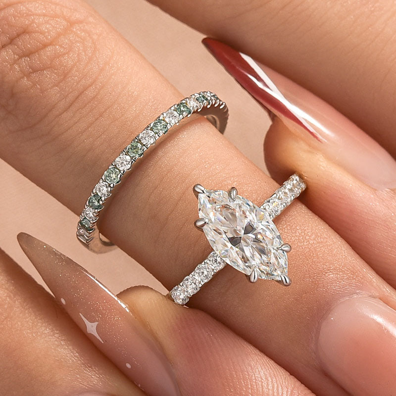 Moissanite 2.0Ct Round Cut/Marquise Cut/ Cushion Cut Engagement Ring With Green & White Round Cut Wedding Band