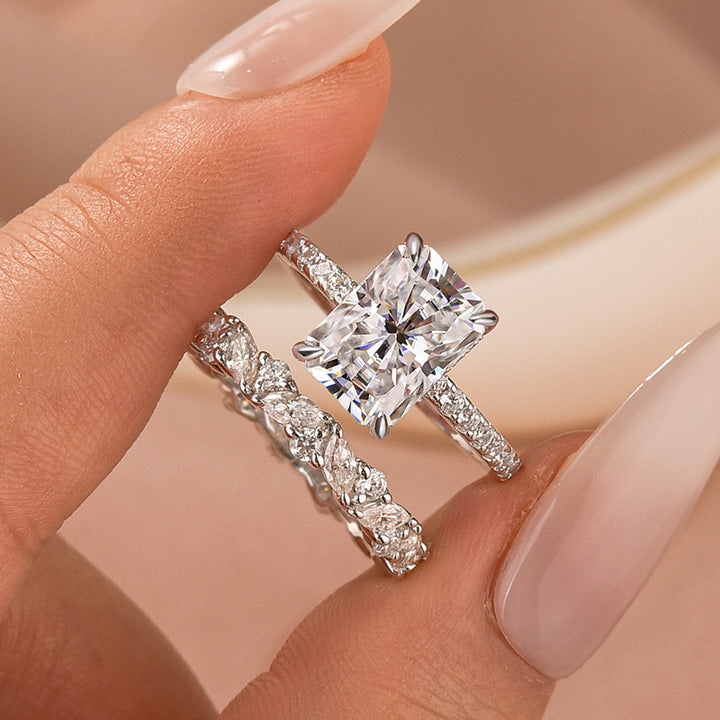 Moissanite 3.5Ct Radiant Cut White Gold Wedding Ring with Round &amp; Marquise Cut Wedding Ring