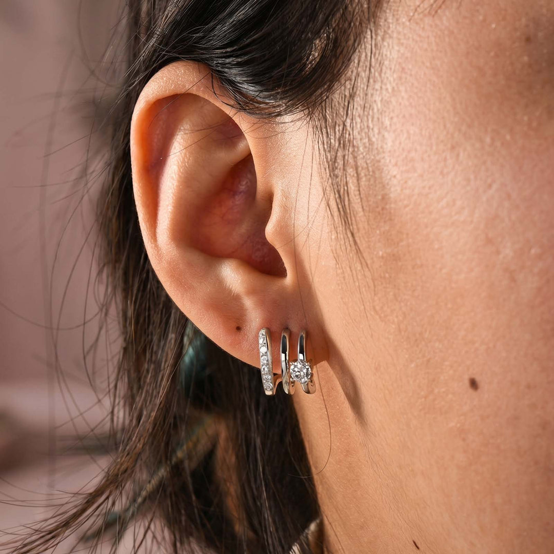 S925 Moissanite 0.1Ct*2 Round Cut Triple-Band Hoop Earrings Minimalist Everyday Wearable Earrings