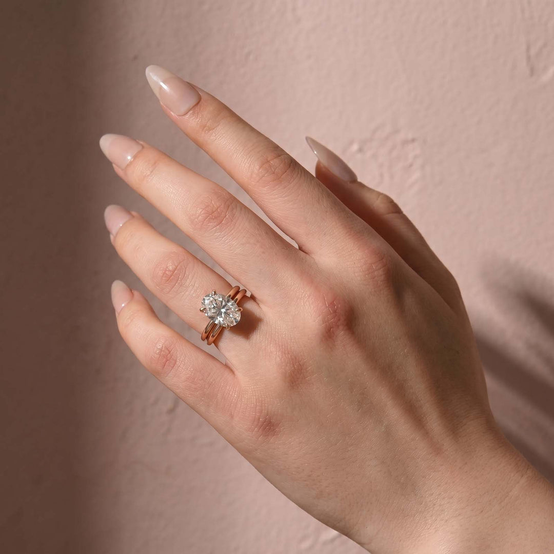 Rodiffy Moissanite 4.0Ct Solitaire Oval Cut Rose Gold Engagement Ring with Plain Wedding Band