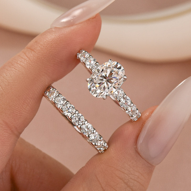 Moissanite 3.0Ct Oval Cut Side Stone White Gold Engagement Ring with Pavé Eternity Ring